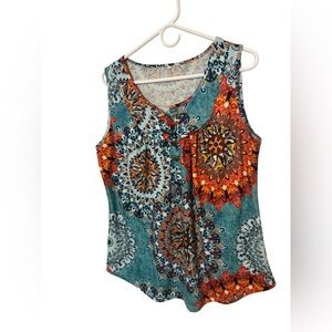 Sleeveless Teal Medallion Print Tank Top - Casual Summer Top